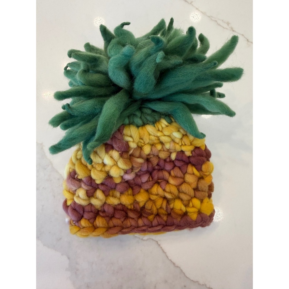 Handmade Kids Pineapple Beanie Chunky Knit Fruit Hat Yellow Green Wool Blend